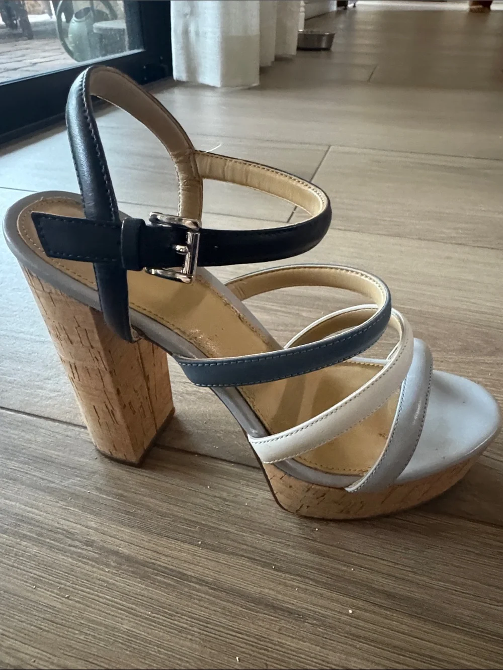 MICHAEL Kors Multi-Strip Cork Platform Sandals in Dark Blue, Lt Blue, White